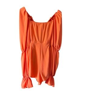 SHEIN Orange Romper‎ Square Neck Long Balloon Sleeve Tie Back Romper
